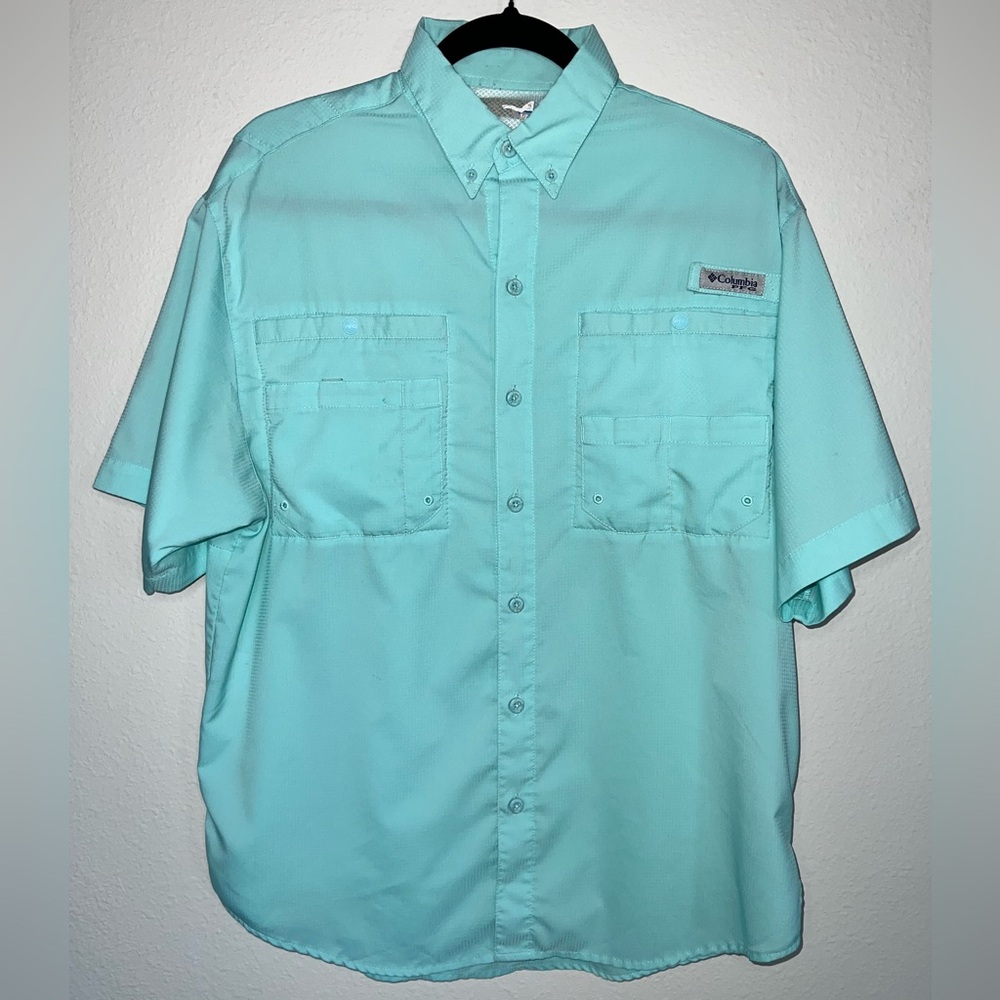029. Columbia PFG Aqua Colored Fishing Short Sleeve Shirt - Size Small